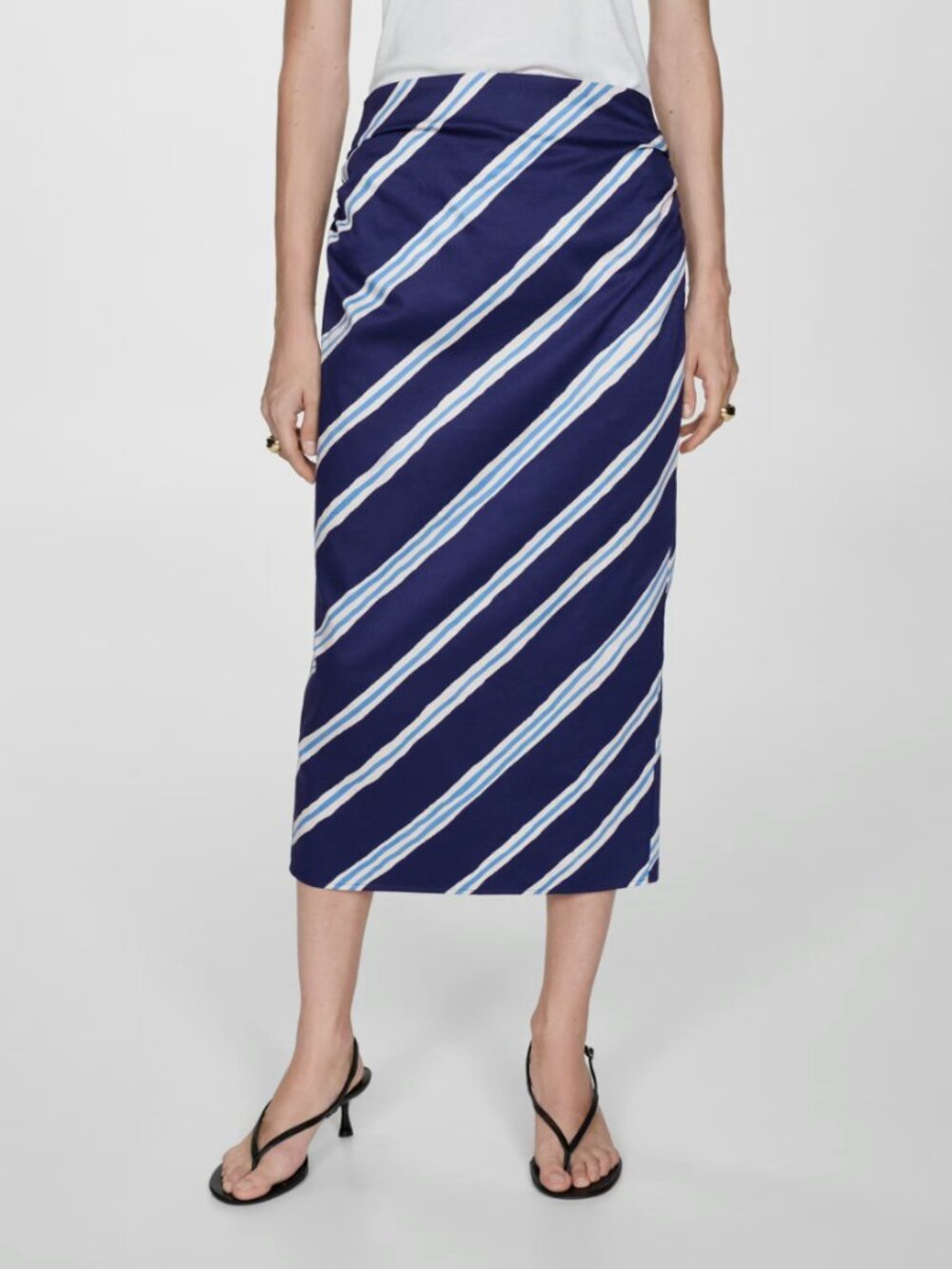 Mango | Slit Striped Skirt in Ink Blue